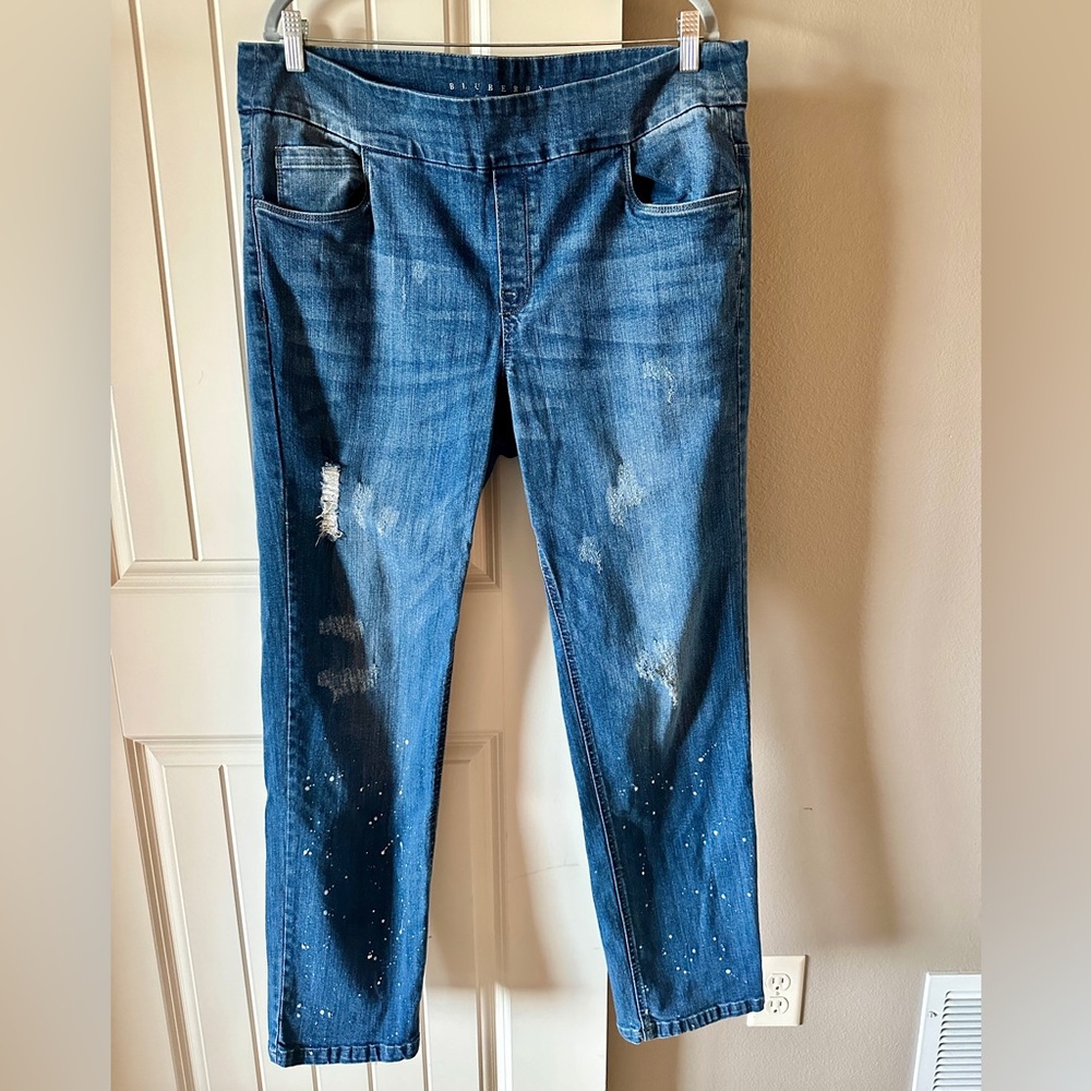 Blueberry Denim Pull-On Distressed Paint Splatter Denim Jeans Plus Size 16W